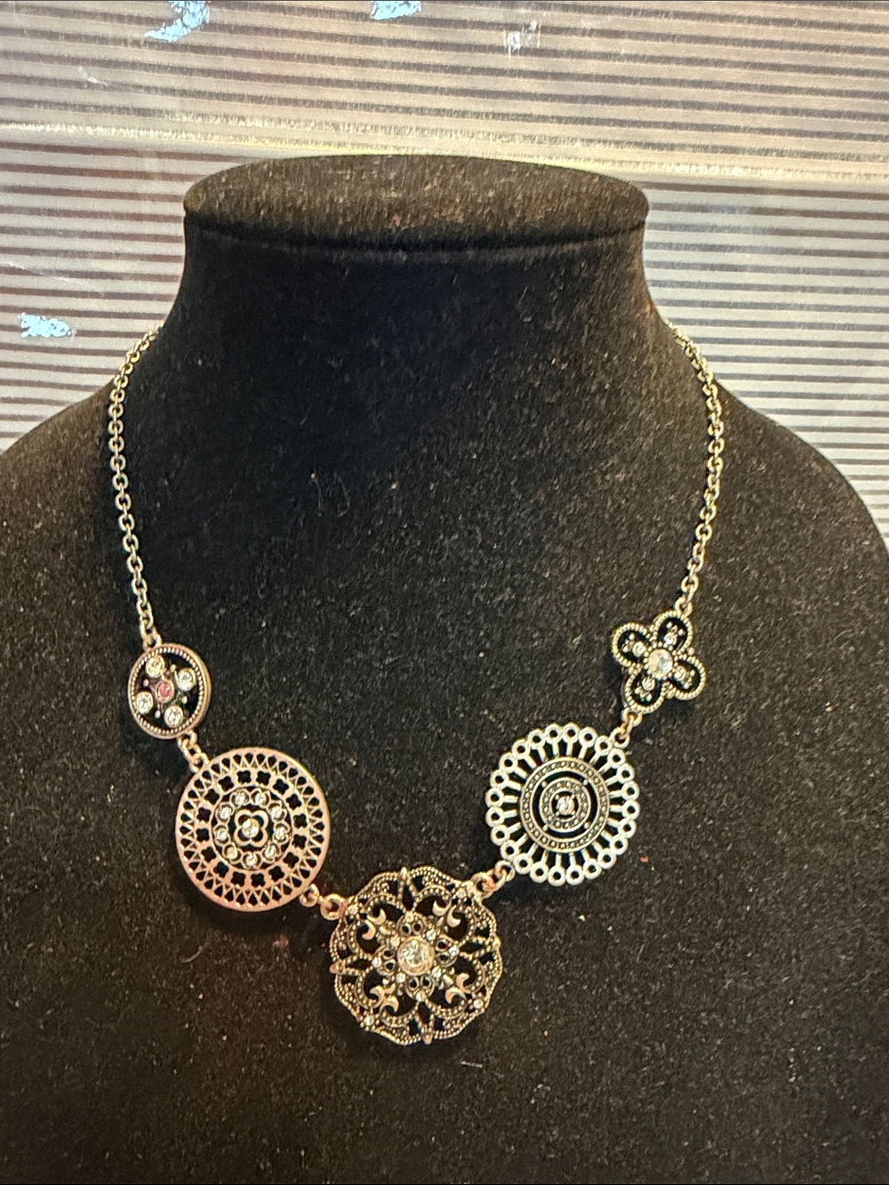 Gold-Tone Filigree Medallion Necklace with Crystal Accents